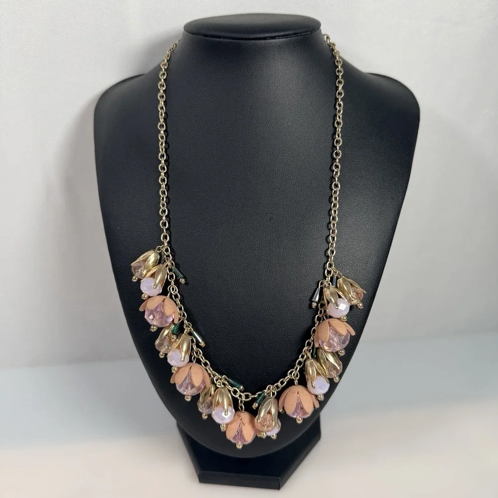 Pink Flower Necklace Glass Dangle Charm Statement Fairycore Adjust 17